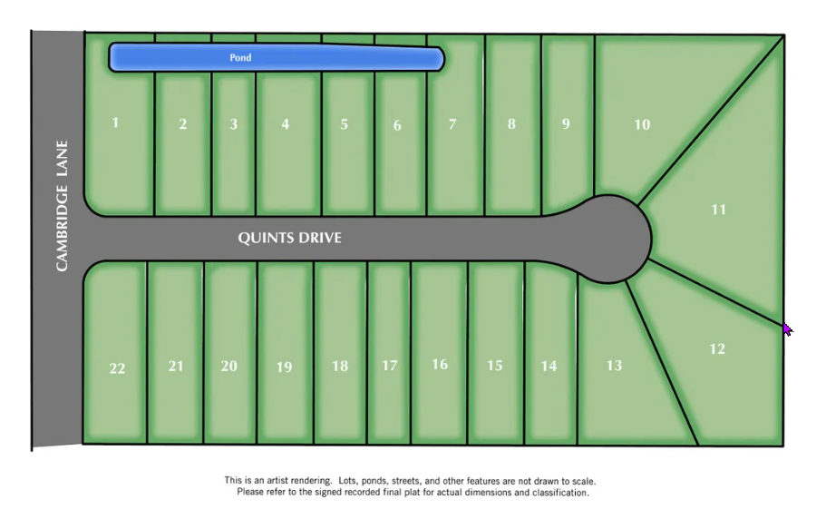Green Cove site plan showing 22 numbered lots along Quints Drive, which runs east from Cambridge Lane and ends in a cul-de-sac. Lots 1 to 9 are on the north side below a pond, lots 10 to 13 surround the cul-de-sac, and lots 14 to 22 are on the south side.